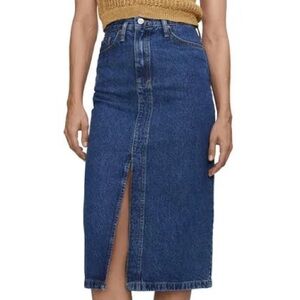 NWOT - Mango Medium Dark Blue Denim Midi Skirt with Front Slit and Pockets - XL